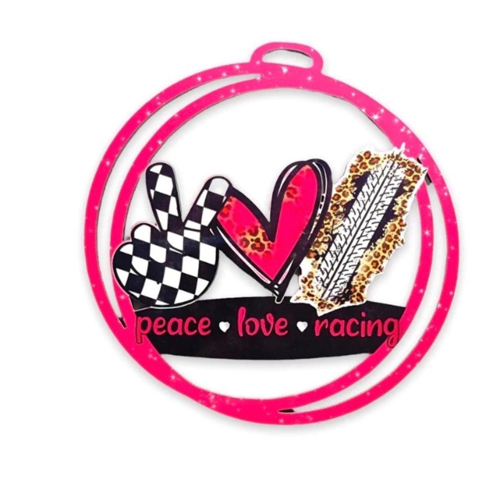 Peace love racing car charm